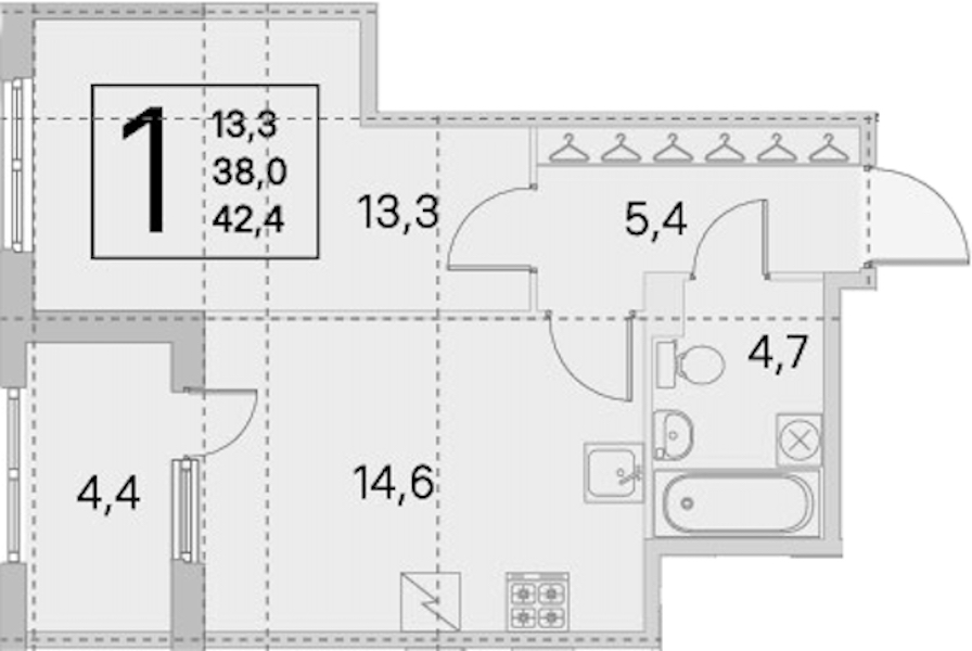 1-комнатная квартира 38 м², 1/5 эт., ЖК «ЮгТаун. Олимпийские кварталы»
